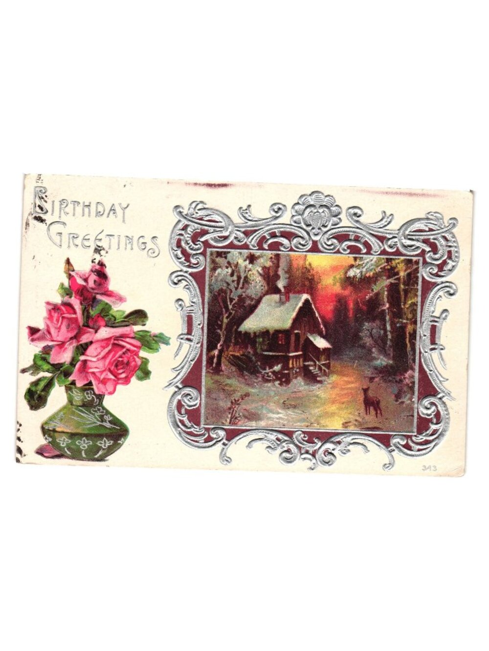 Vintage Embossed Birthday Greetings Postcard Roses Landscape Cabin Scene Posted